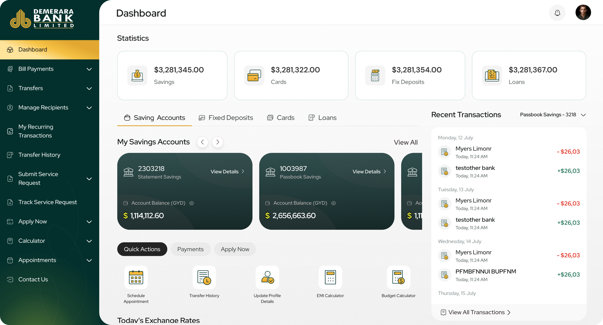 Web banking dashboard