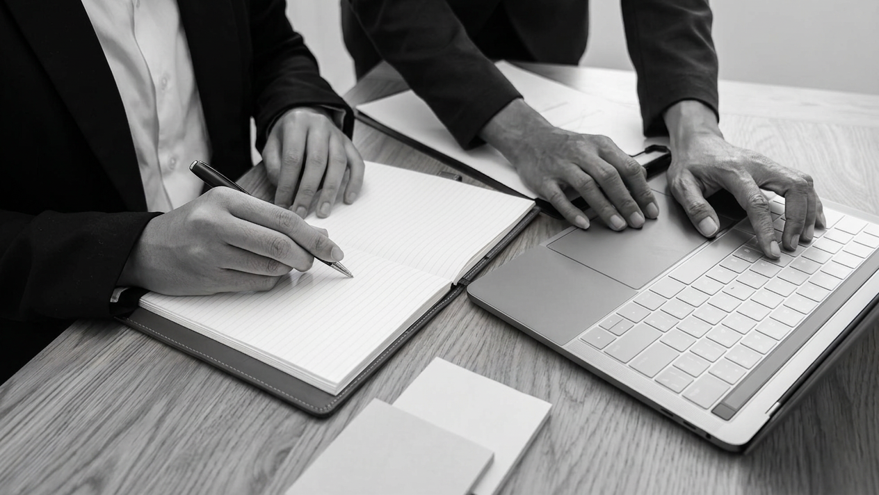 Hands writing in a notebook next to a laptop