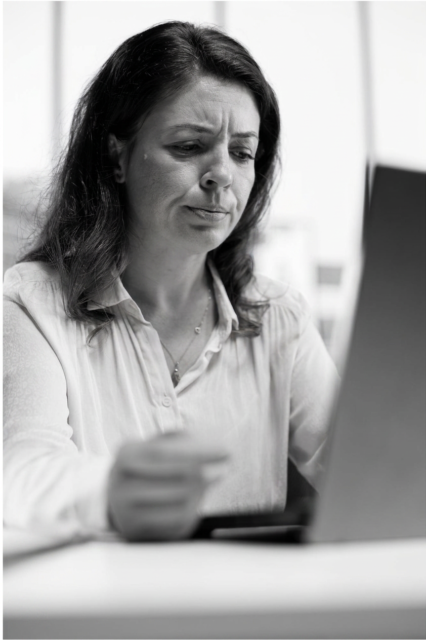 Woman frowning at a laptop