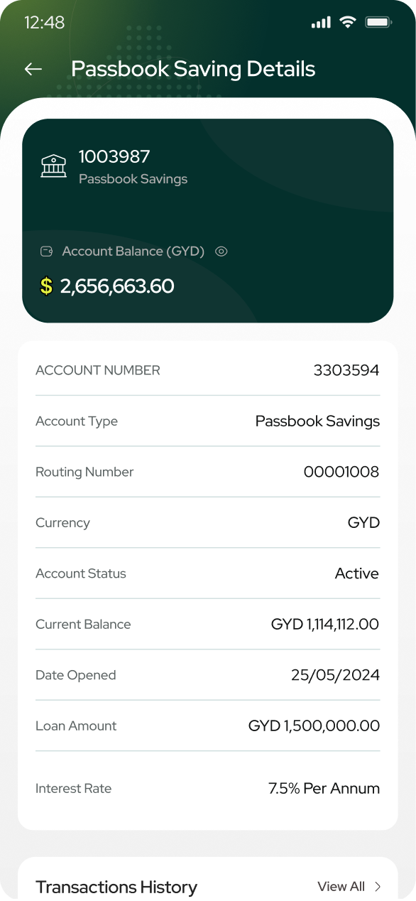 Passbook savings screen