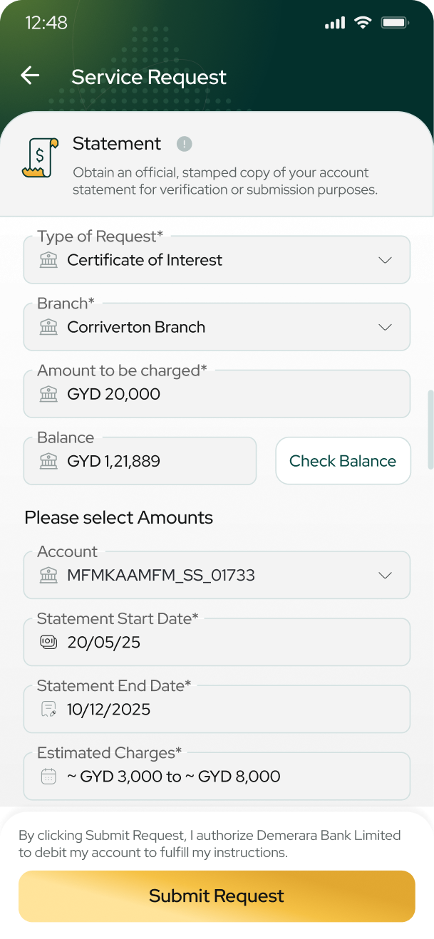 Service request screen
