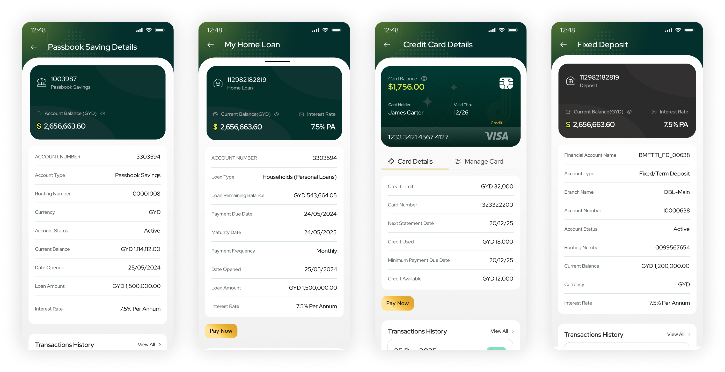 Passbook savings, home loan, credit card and fixed deposit detail screens