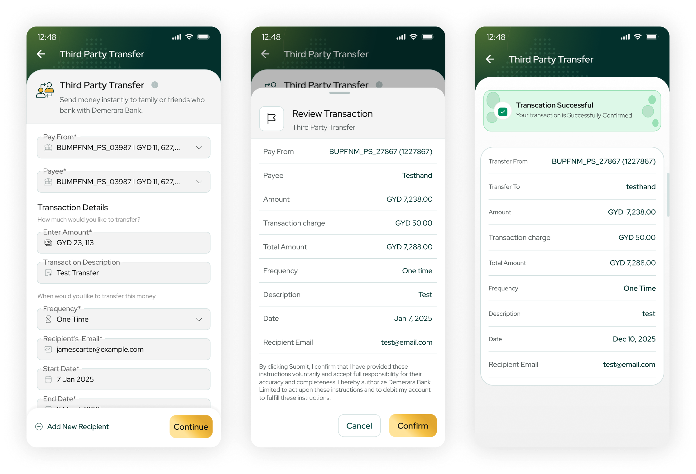 Third-party transfer: form, review and success screens
