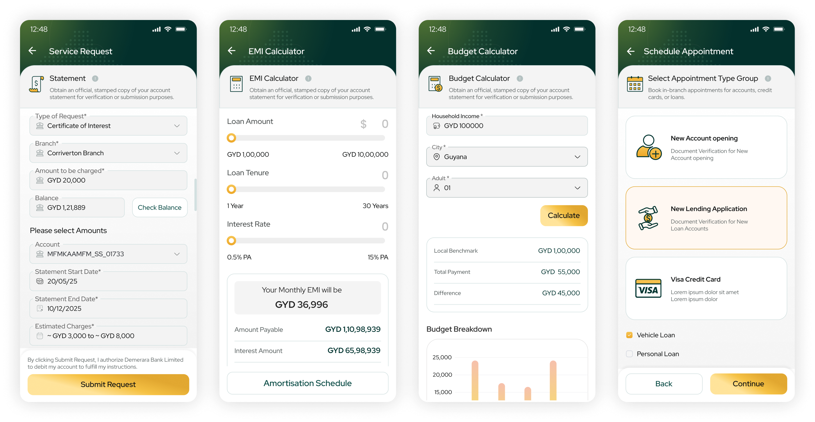 Service request, EMI calculator, budget calculator and appointment booking screens