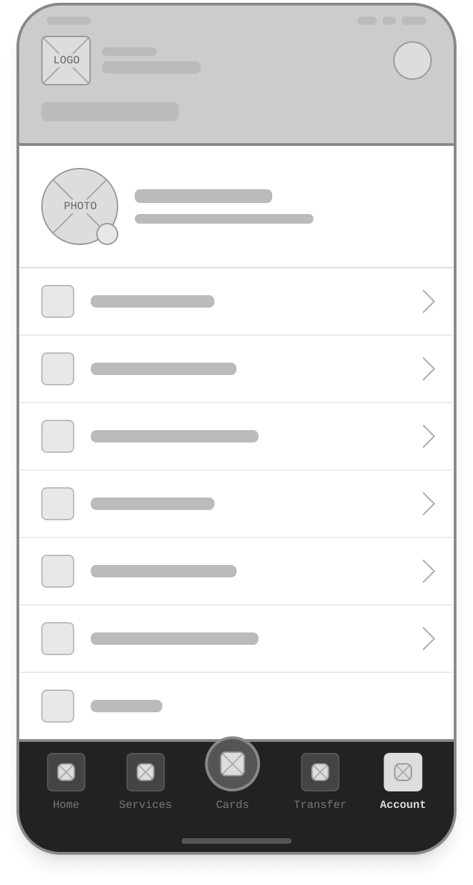 Account wireframe